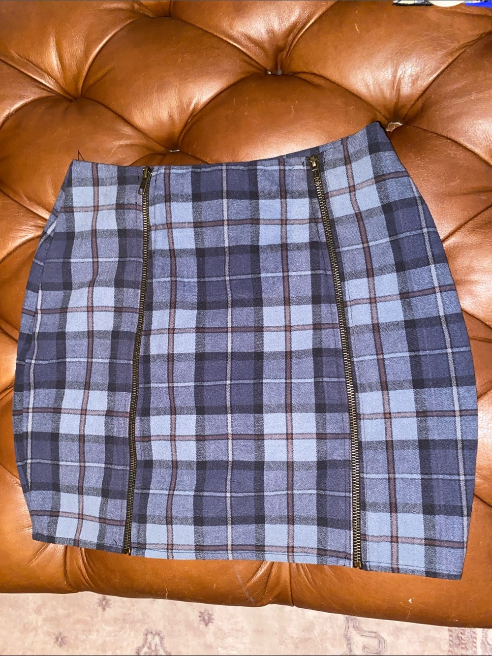 Furst of A Kind by LF Blueish Grey Plaid Mini Skirt with Dual Zippers